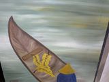 un tableau représentant un bateau sur lequel figure une fleur jaune