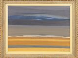 an oil painting of a beach scene in a gold frame