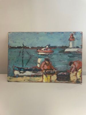 un tableau représentant des personnes sur la plage avec des bateaux dans l'eau
