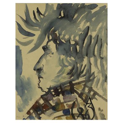 une aquarelle représentant un homme avec une tête d'élan sur la tête