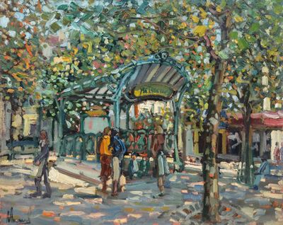 an oil painting of people walking on a city street near a bus stop