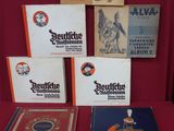 a lot of books on a table with a red background