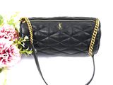 black quilted leather handbag with gold chain strap and shoulder strap