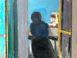 painting of a woman standing in front of a window with a cat