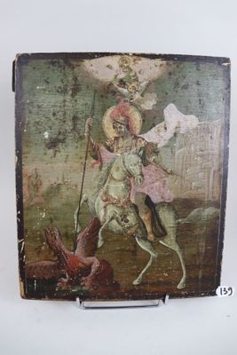 an old painting of a man riding a horse with a bird on his back
