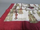 a red and white table cloth with a picture of women on it