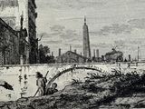 a drawing of a man riding a horse across a bridge