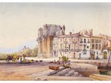 an image of a painting of a building with a horse drawn carriage in front of it