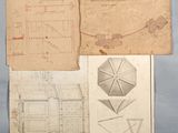 plusieurs dessins et plans d'un bâtiment sur une feuille de papier