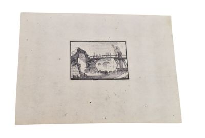 un dessin en noir et blanc représentant un pont enjambant un plan d'eau