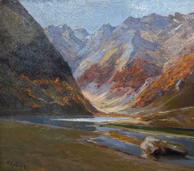 an oil painting of a mountain scene with a river in the foreground