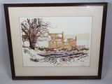 tableau représentant une maison sous la neige, avec un arbre au premier plan