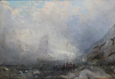 une image représentant un tableau représentant un paysage de montagne avec une calèche