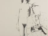 pencil drawing of a woman standing next to a man in a chair
