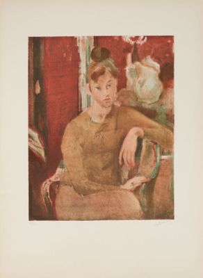 painting of a woman sitting in a chair in front of a mirror