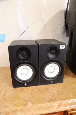 two speakers that are sitting on a counter