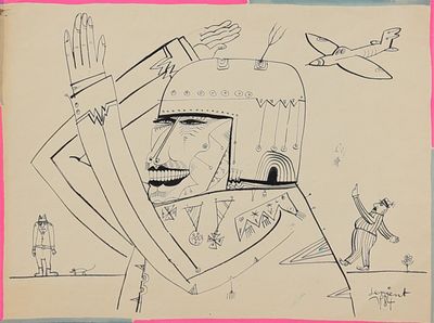une image représentant le dessin d'un homme portant un casque, avec un avion en arrière-plan