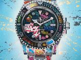 an image of a painting of a watch with lots of stickers on it