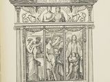 an old book with a drawing of a group of people inside of it