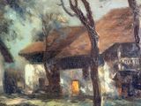 an oil painting of a farm scene with a barn and trees