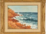 une peinture à l'huile représentant une côte rocheuse avec des vagues qui déferlent au premier plan