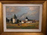 une peinture à l'huile représentant une scène de vie à la ferme avec des vaches qui paissent dans un champ