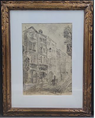 a drawing of a street scene in a gold frame