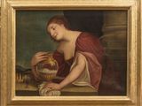 an image of a painting of a woman holding a fish bowl