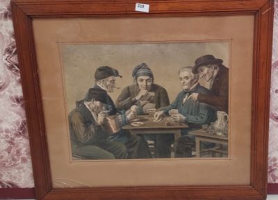 tableau représentant un groupe d'hommes assis autour d'une table en train de jouer aux cartes