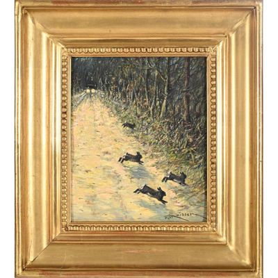 une peinture à l'huile représentant deux chiens courant dans la neige