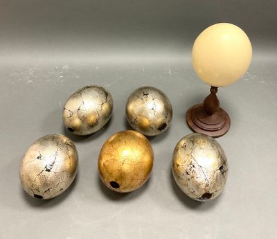 5 Oeufs d'autruche peints polychrome et un oeuf d'autruche m…
