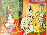 un tableau représentant un homme jouant de la guitare dans un salon