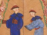 an image of a painting of two men shaking hands in front of a leaf