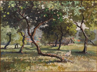painting of a painting of trees in a field with a house in the background