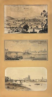 Ensemble de trois gravures encadrées sur la ville de Mante :…