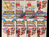 six packs of pokemon trading cards on display in a store