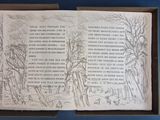 an open book with a drawing of trees and a poem on it