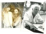 two black and white photos of a man and a woman sitting at a table