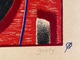 an image of a drawing of a red and black object with a blue stripe