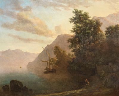 tableau représentant un bateau sur un plan d'eau, avec des montagnes en arrière-plan