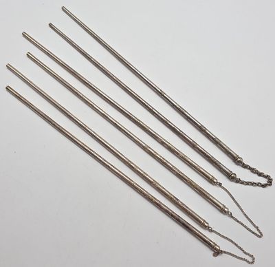 un ensemble de cinq aiguilles en acier inoxydable munies de chaînes, posées sur un fond blanc