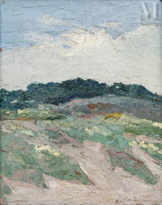 an image of a painting of a field with a hill in the background