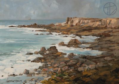 a painting of a view of the ocean from a rocky shore