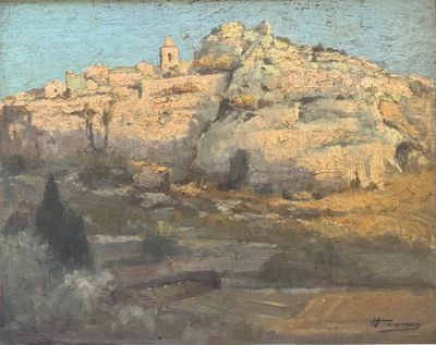 une image représentant un tableau représentant un paysage de montagne avec une personne à cheval