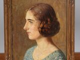 painting of a woman in a blue dress in a wooden frame