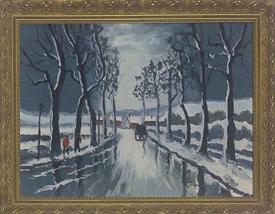 tableau représentant une scène hivernale avec une calèche tirée par un cheval sur une route enneigée