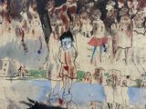 un tableau accroché au mur représentant une femme et deux chiens