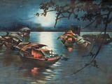 un tableau représentant des bateaux flottant sur l'eau la nuit