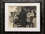framed black and white drawing of a woman sitting on a table with a bowl of fruit on her head