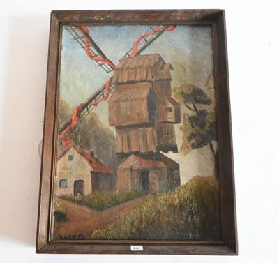 une peinture à l'huile représentant un moulin à vent, dans un cadre en bois, accrochée à un mur blanc